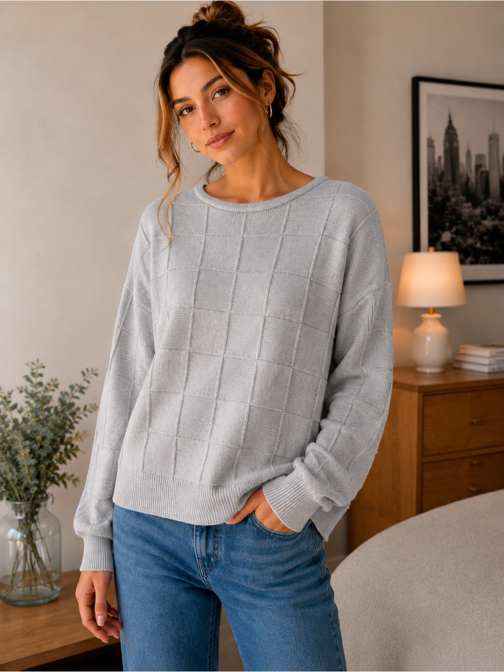 Pink Queen Light Gray Checkered Knit Sweater | NWT | Size Medium